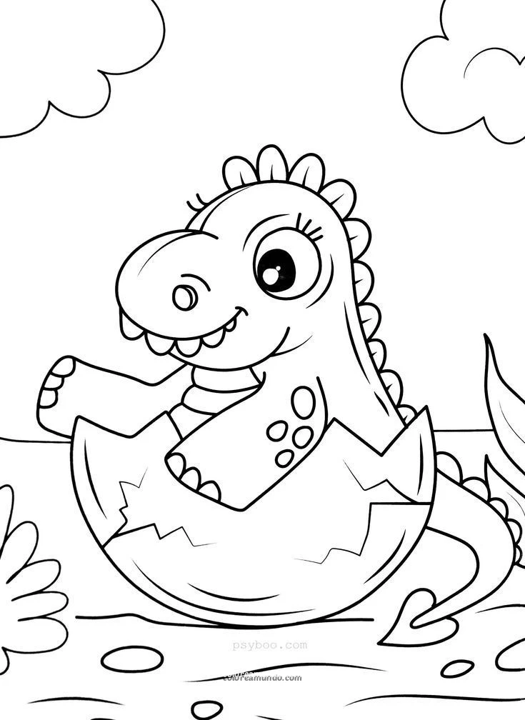 Dibujo para colorear: dinosaurio tierno saliendo de un huevo