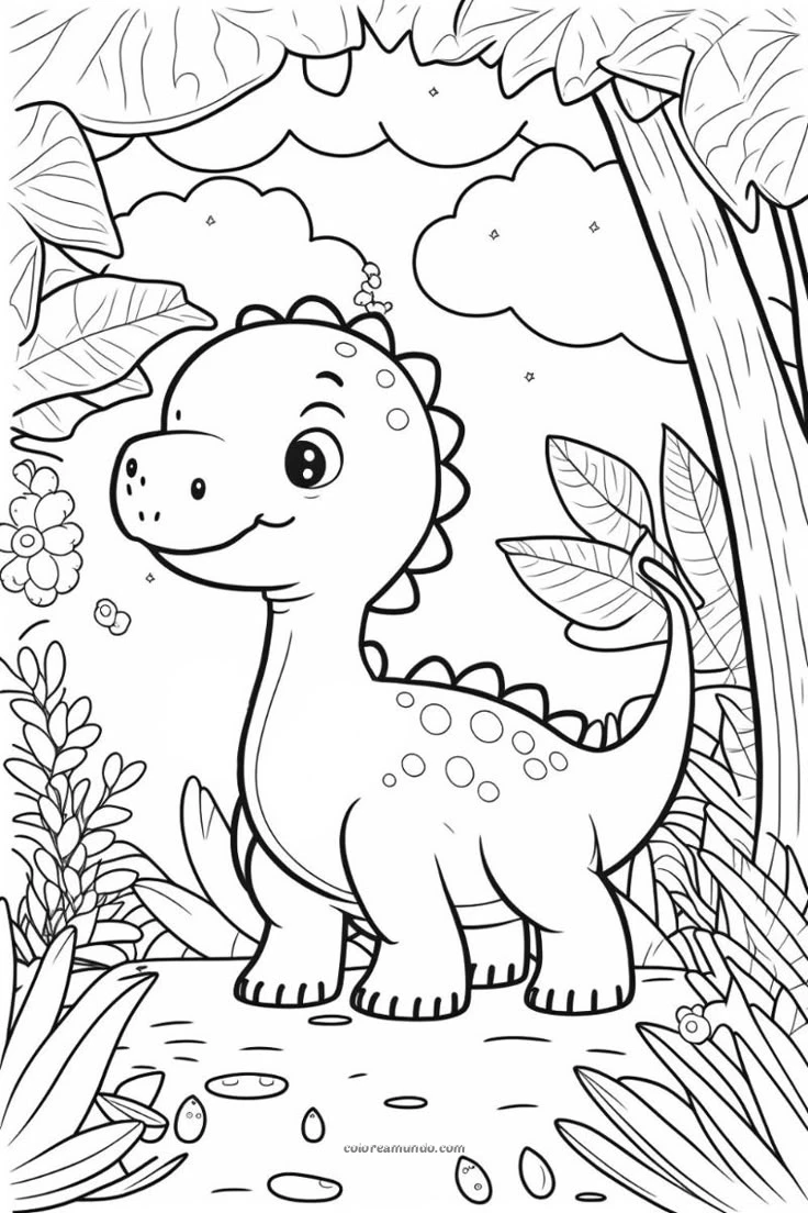 Dibujo para colorear: dibujo de dinosaurio tierno para descargar e imprimir