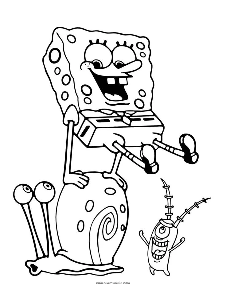 Dibujo para colorear: bob esponja brincando a gary y plankton viendo