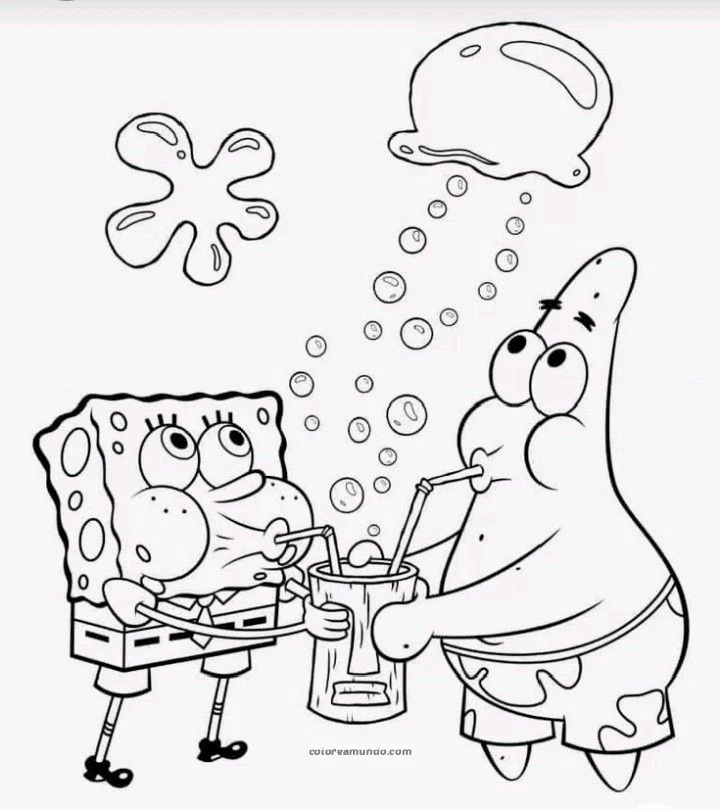 Dibujo para colorear: bob esponja y patricio estrella mirando una medusa en el mar