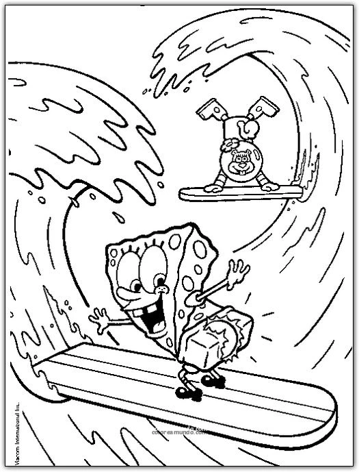 Dibujo para colorear: bob esponja surfeando con arenita 