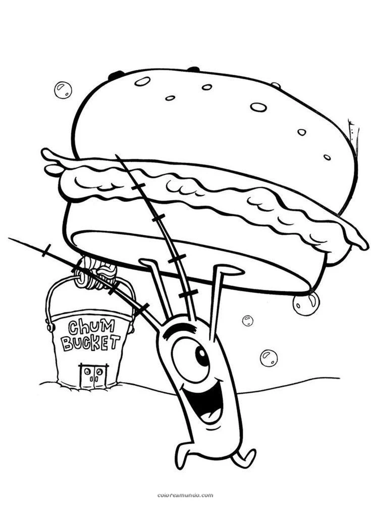 Dibujo para colorear: plankton robandose una hamburguesa