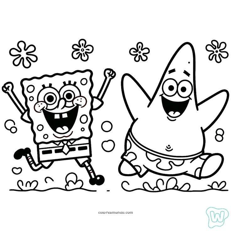 Dibujo para colorear: bob esonponja y patricio estrella felices por ser amigos