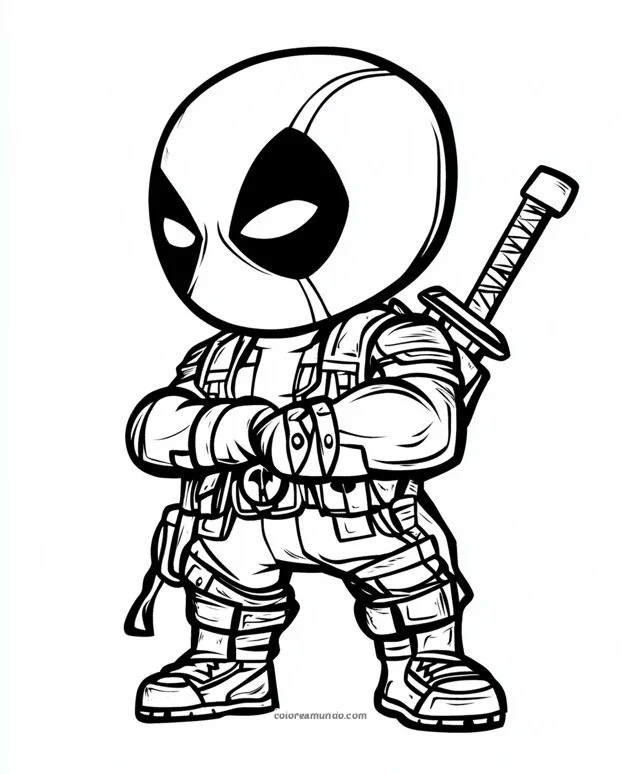 Dibujo para colorear: DeadPool version chibi con los brazos cruzados