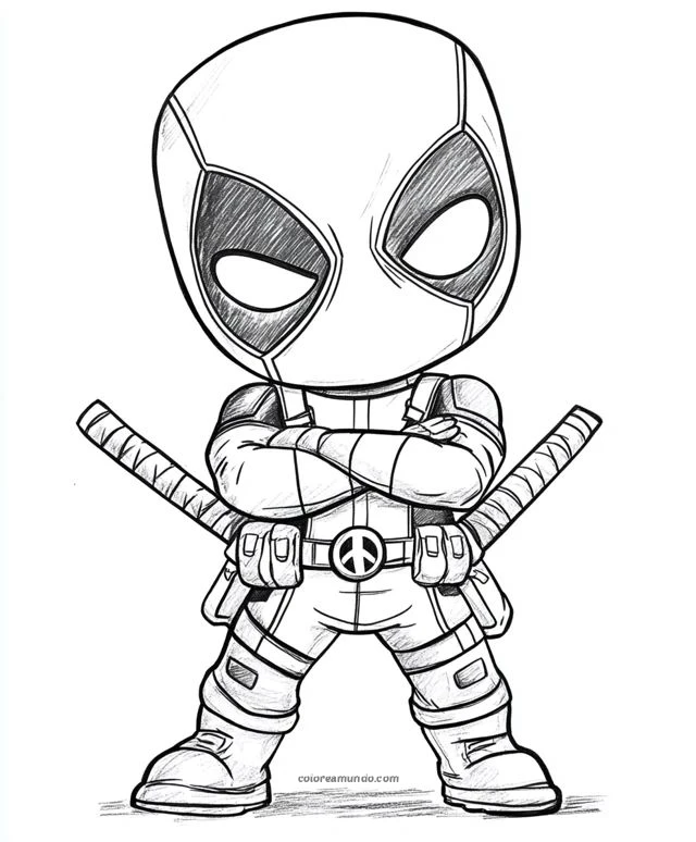 Dibujo para colorear: DeadPool version tierna chibi con los brazos cruzados de enfrente