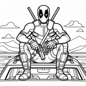 DeadPool sentado arriba de un auto