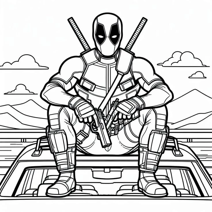 Dibujo para colorear: DeadPool sentado arriba de un auto