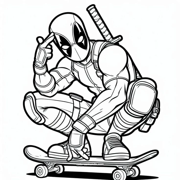 Dibujo para colorear: DeadPool sobre una patineta