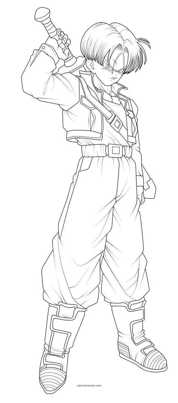 Dibujo para colorear: trhunks posando con su espada en la espalda