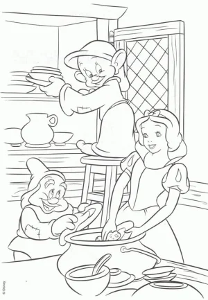 blanca nieves conviviendo con los enanitos dibujo para colorear