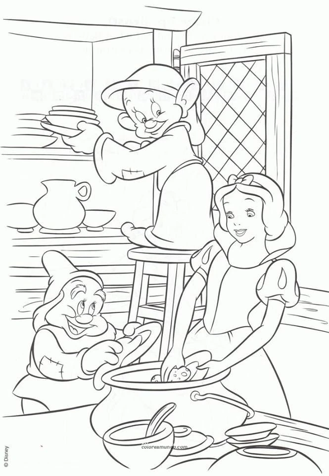 Dibujo para colorear: blanca nieves conviviendo con los enanitos dibujo para colorear