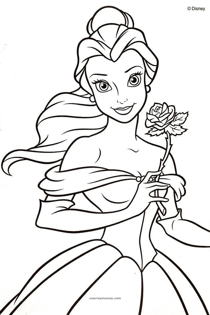 Dibujo para colorear: princesa bella con una rosa