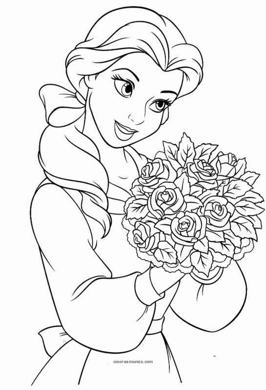 Dibujo para colorear: princesa bella sosteniendo un ramo de rosas