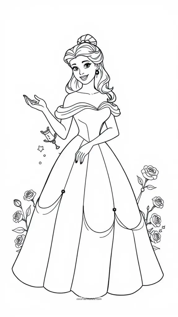 Dibujo para colorear: bella con su vestido y flores