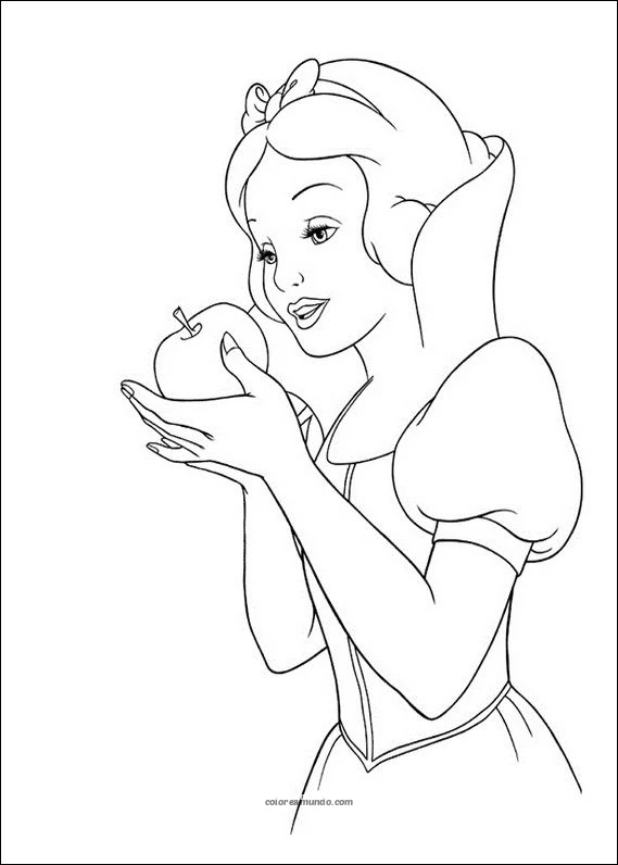Dibujo para colorear: blanca nieves princesa comiendo manzana