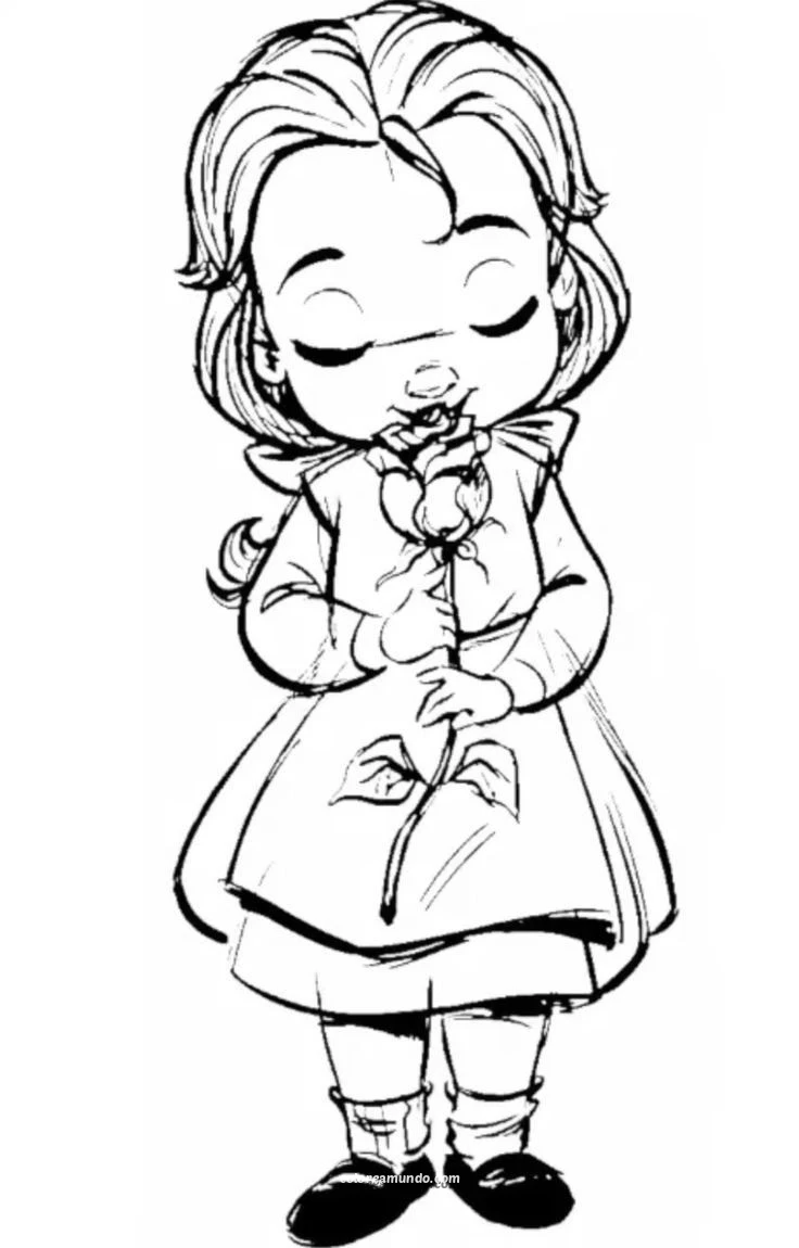 Dibujo para colorear: dibujo de bella oliendo una rosa