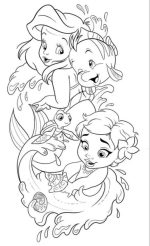 ariel nadando en el mar, dibujo para colorear