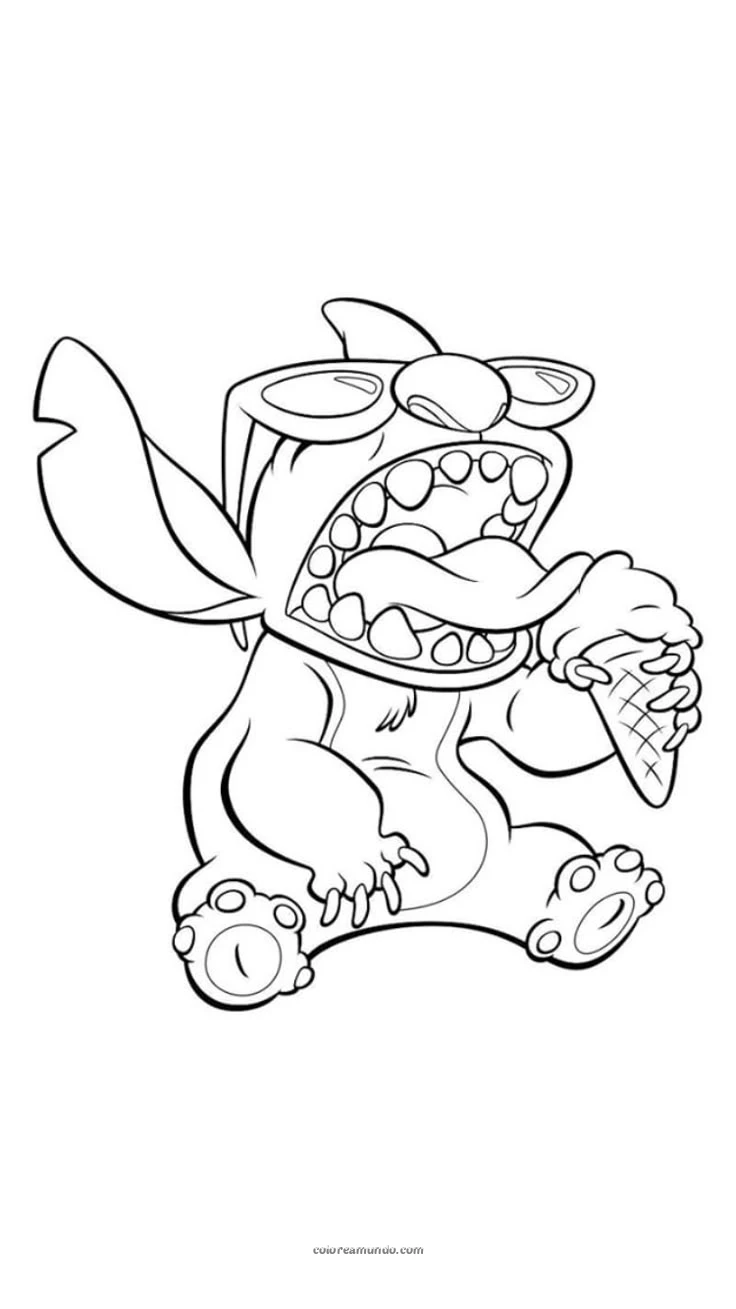 Dibujo para colorear: Stich comiendo un helado con lentes de sol