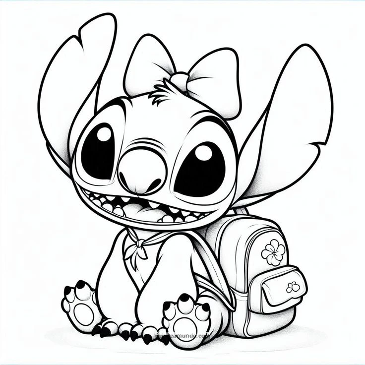 Dibujo para colorear: stich con mono y mochila version tierna