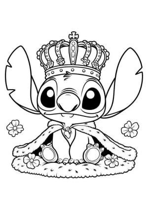 stich vestido de rey con su corona y capa