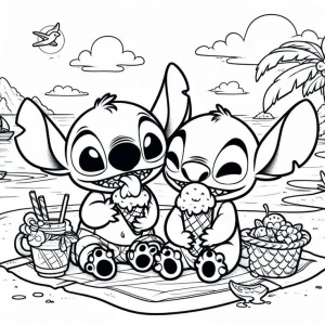 Stich con un amigo comiendose un helado en la playa 