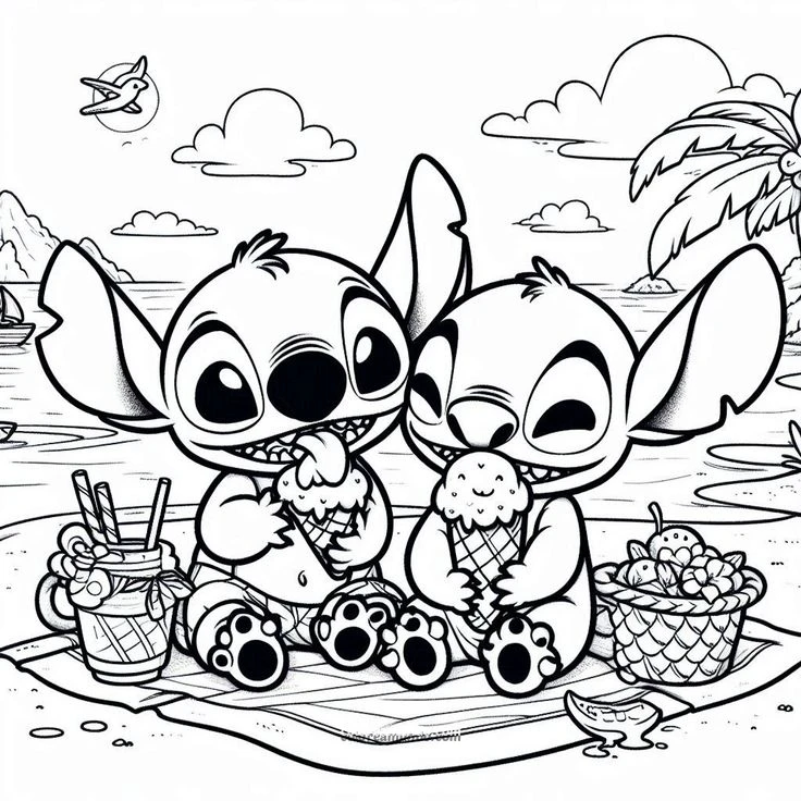 Dibujo para colorear: Stich con un amigo comiendose un helado en la playa 