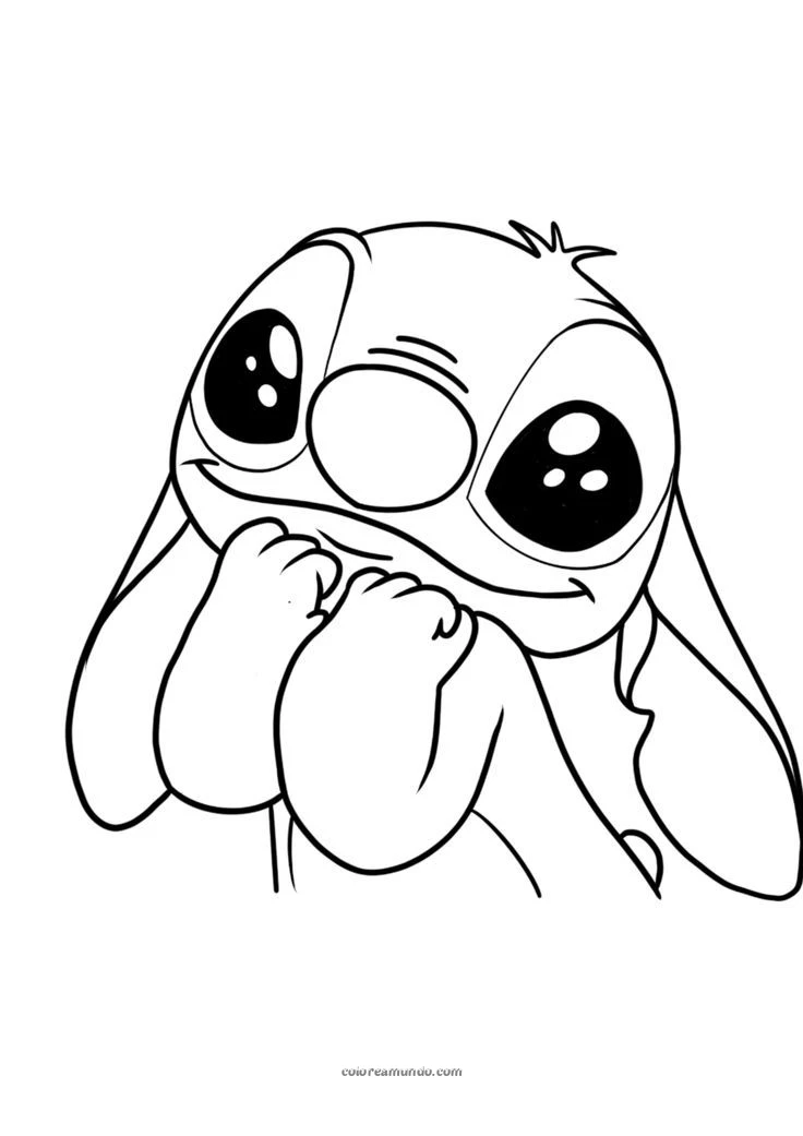 Dibujo para colorear: stich con las manos en la boca con cara de ternura
