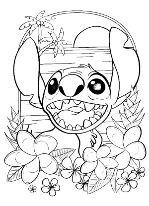 stich feliz en la playa con flores