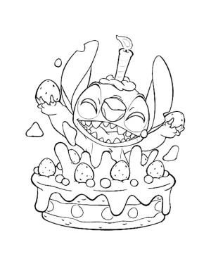stich con un pastel de cumple festejando