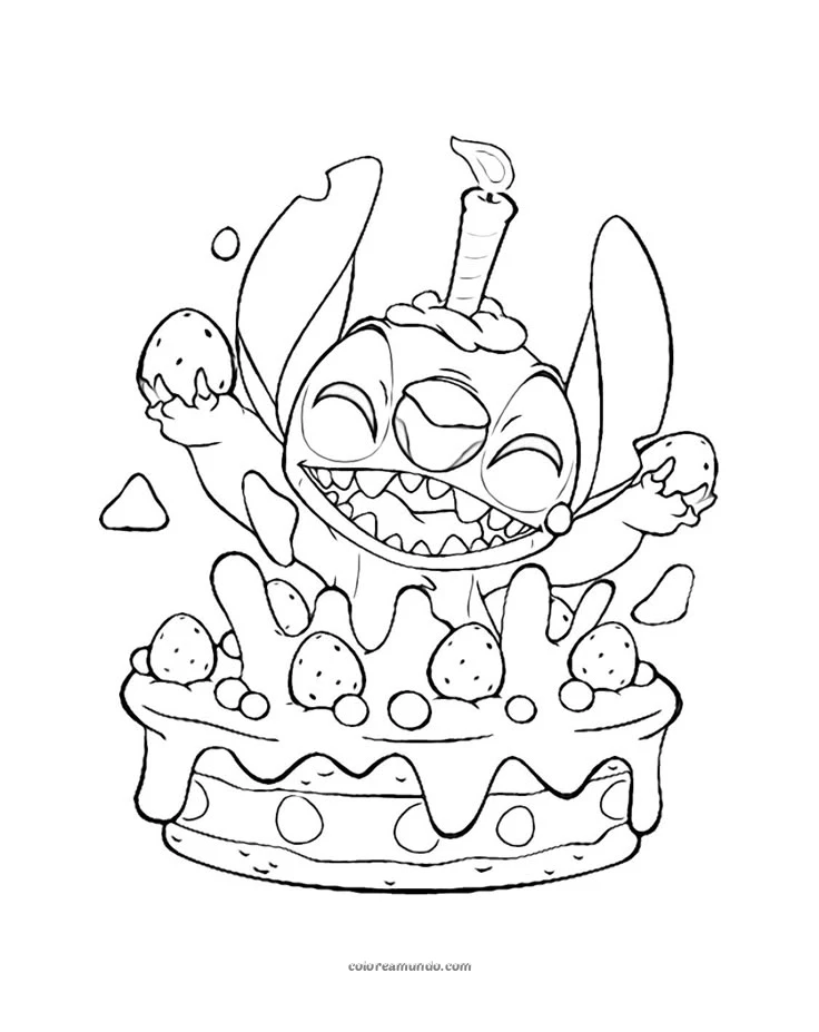 Dibujo para colorear: stich con un pastel de cumple festejando