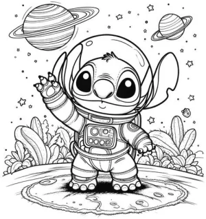stich disfrazado de astronauta en la luna con fondo se ven unos planetas dibujo para colorear