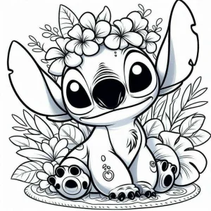 stitch sentado con unas flores y corona de flores