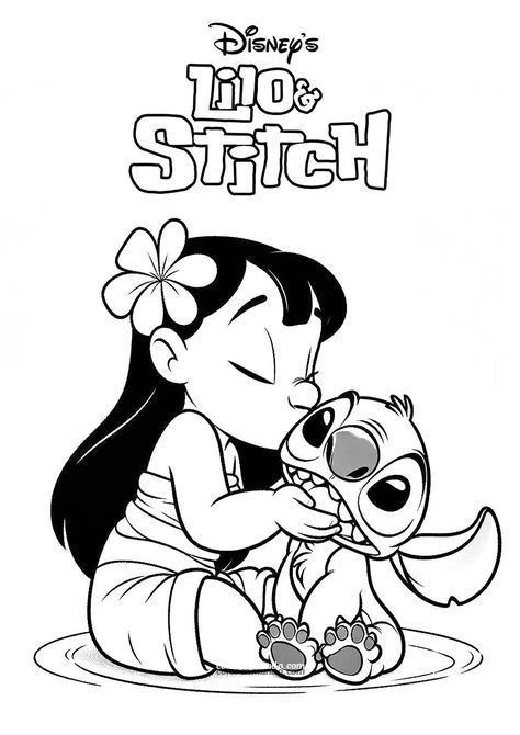 Dibujo para colorear: lilo besando tiernamiente a stich