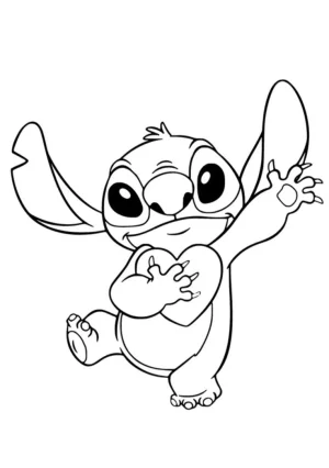 stich sosteniendo un corazon y saludando