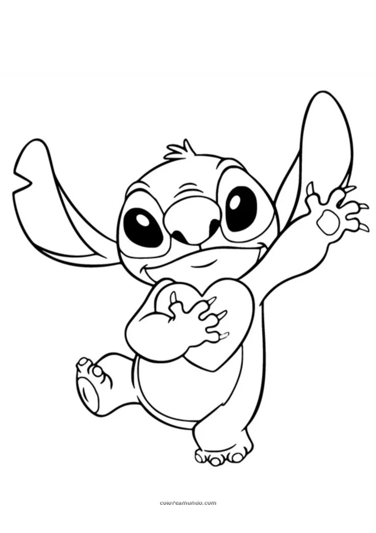Dibujo para colorear: stich sosteniendo un corazon y saludando