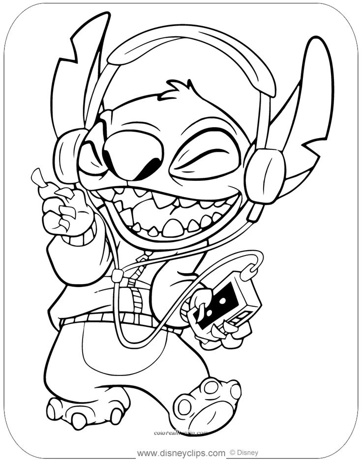 Dibujo para colorear: Stich escucuchando musica con sus audifonos y cantando