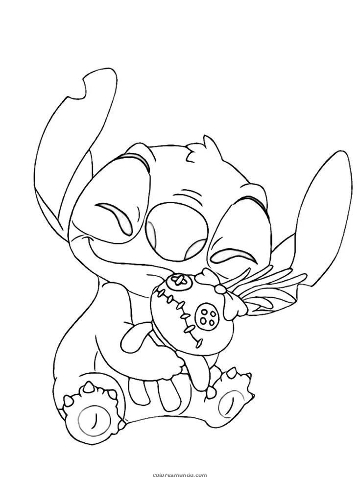 Dibujo para colorear: Stich abrazando un peluche