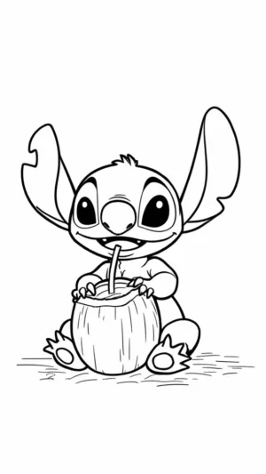 Stich bebiendo una bebida de coco con un popote en la playa
