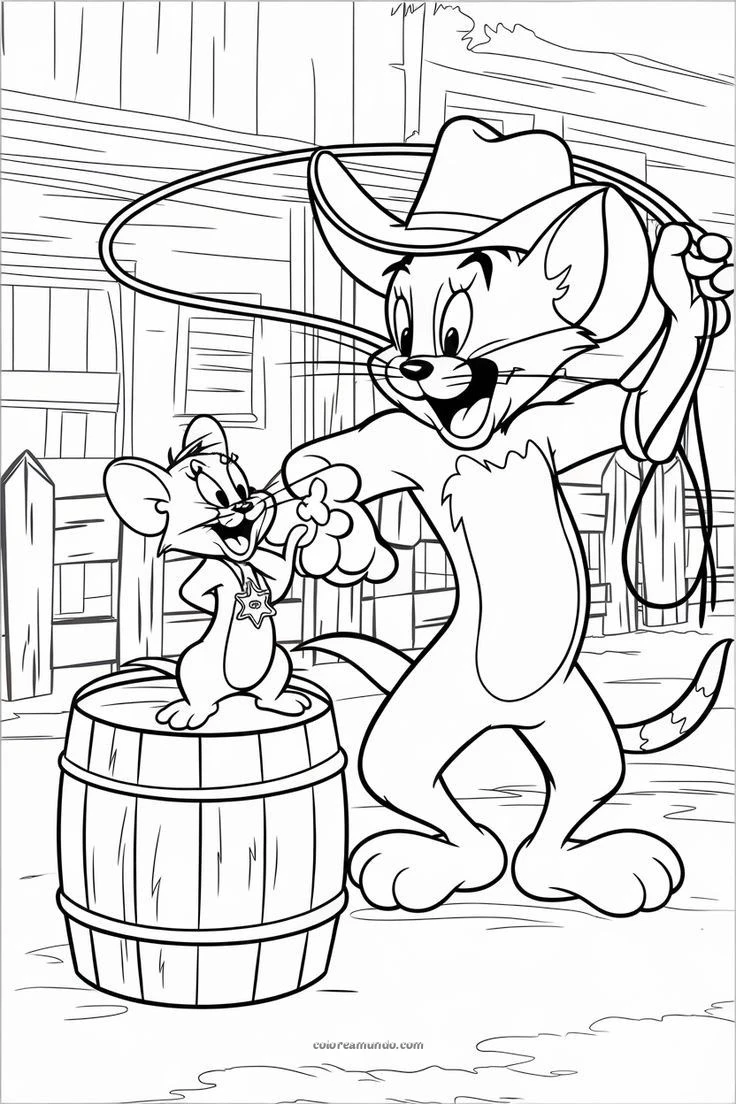 Dibujo para colorear: tommy y jerry en el viejo oeste de vaqueros