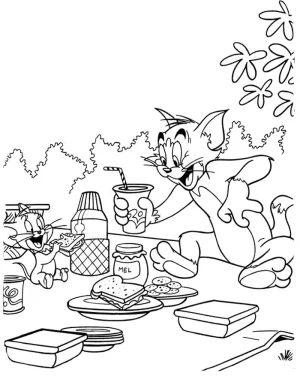 tomy y jerry teniendo un dia de campo y comiendo al aire libre