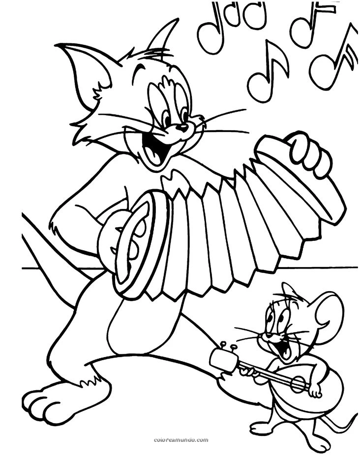 Dibujo para colorear: tommy y jerry tocando instrumentos y cantando