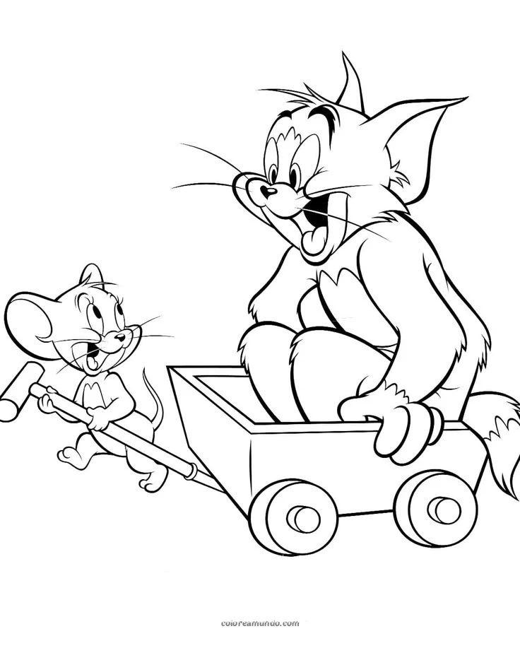 Dibujo para colorear: tommy y jerry jugando con unos cochecitos