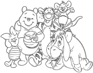 todos los amigos de winne the pooh abrazados y sonriendo tomandose una foto