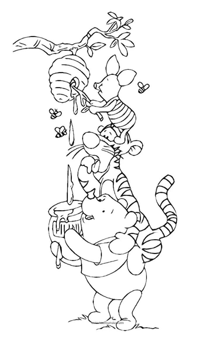 Dibujo para colorear: pigglet tiger y winnie the pook tratando de obtener miel de un panal