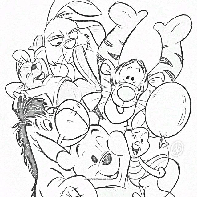 Dibujo para colorear: whinnie the pooh y sus amigos en una fiesta