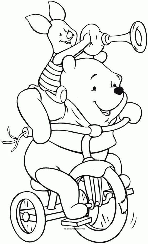 Dibujo para colorear: winnie the pooh y piglet en una bicicleta felices