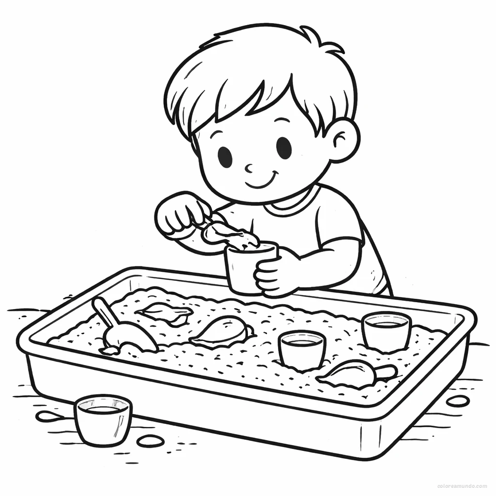 Dibujo para colorear: Mesa sensorial con arroz y utensilios