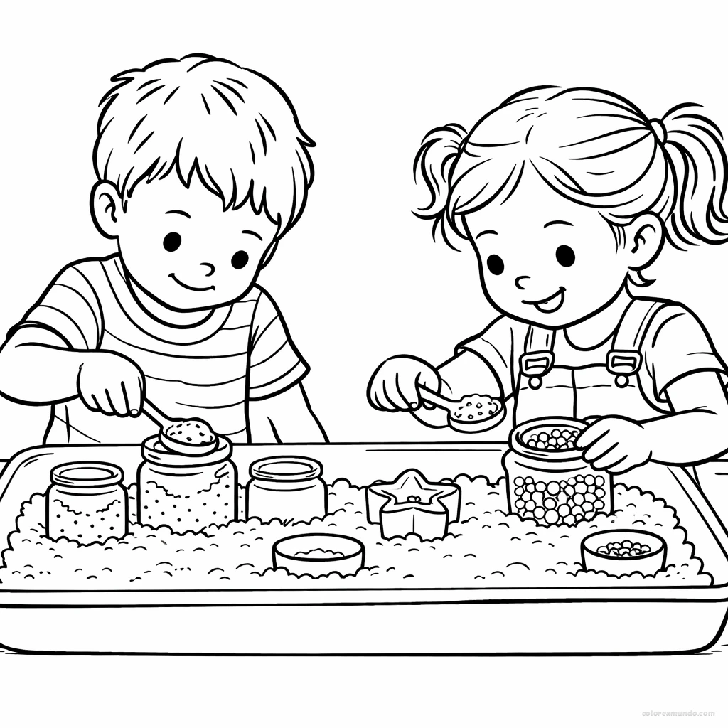 Dibujo para colorear: Explorando arroz de colores en bandeja sensorial