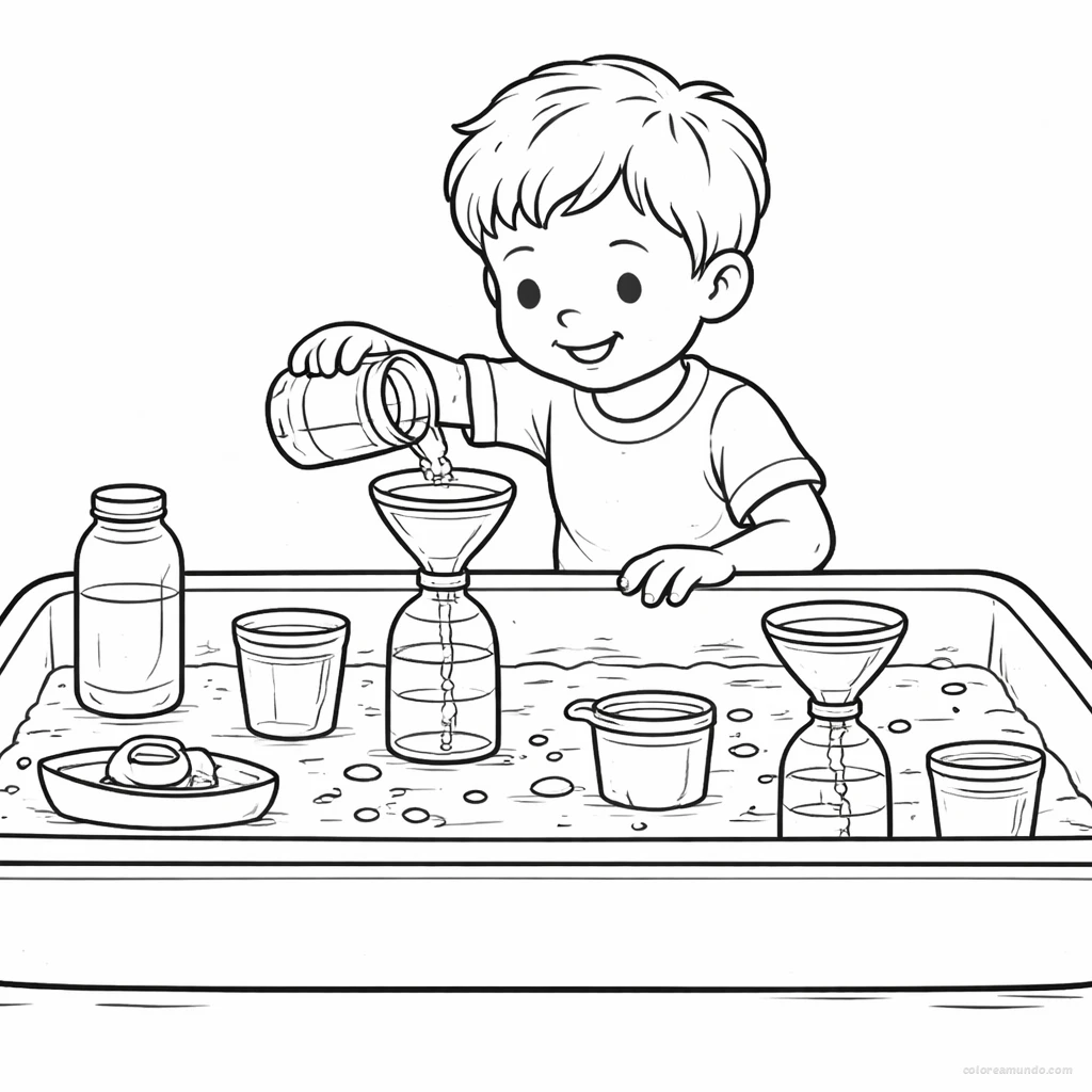 Dibujo para colorear: Mesa sensorial con agua y recipientes