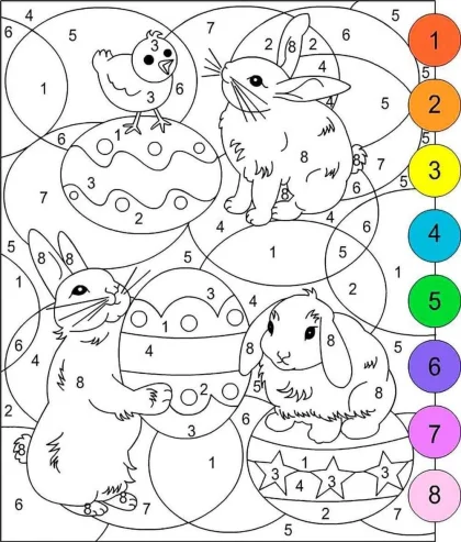 dibujo para colorear mediante numeros de conejos, pascua